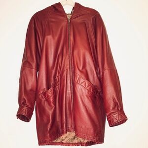 Vintage 90s IZZI red genuine leather zip up jacket coat with hood Retro design